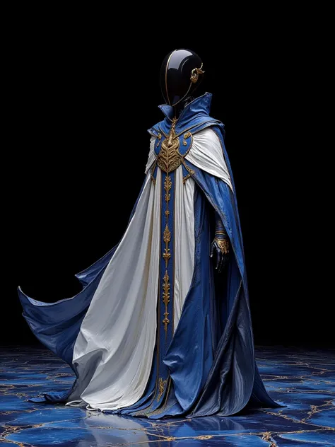 Full body of a faceless black marble head entity based theme on blue marble flat shiny surface, spread very long parts of the robe factory, completely black empty sky, universe, white long robe spread with blue and golden ornaments, stunning sci-fi backgro...