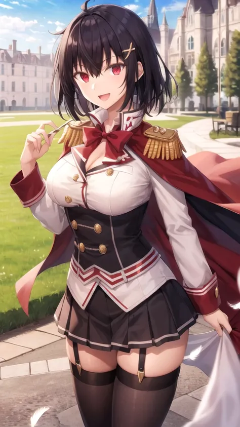 masterpiece, best quality, girl, solo, looking at viewer, anos_voldigoad, black hair, red eyes, large breasts, red cape, epaulettes, を消すと肩マントなし , feather hair ornament, black hair ribbon, white shirt, corset, green skirt, cleavage cutout, shoulder cutout, ...