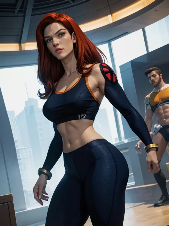 "Jean Grey standing confidently in a tight X-Men uniform, her athletic build and curvaceous figure highlighted by blue sports bra and blue thong, accentuates her narrow waist and strong legs, detailed tight ass, while her flowing red hair adds a dynamic to...