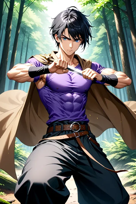 BEST QUALITY, ULTRA DETAILED, HIGH DEFINITION, ALONE, 1boy, slim, toned, black hair, short layered hair, dark blue eyes, black pants, baggy pants, belt, purple shirt, brown cape, holding silver sword, fighting pose, background: forest.