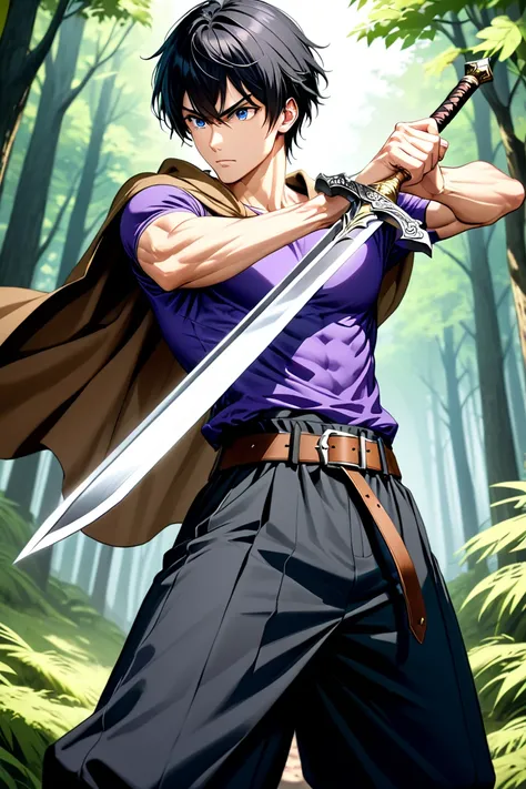 BEST QUALITY, ULTRA DETAILED, HIGH DEFINITION, ALONE, 1boy, slim, toned, black hair, short layered hair, dark blue eyes, black pants, baggy pants, belt, purple shirt, brown cape, holding silver sword, fighting pose, background: forest.