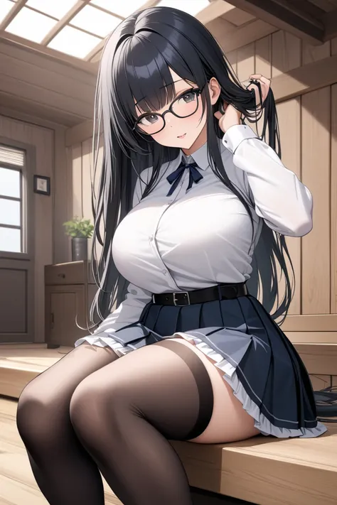 BEST QUALITY, ULTRA DETAILED, HIGH DEFINITION, ALONE, 1girl, long hair, blue-black hair, black eyes, voluptuous, big breasts, black glasses, white shirt, tight shirt, long sleeves, shirt with ruffles on the edges, black belt, pleated skirt below the knees,...