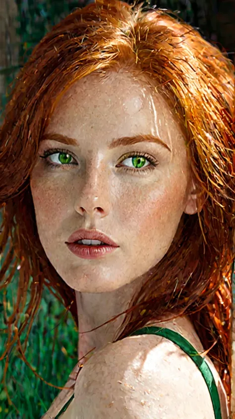 Create a sexy red-haired woman with green eyes as realistic as possible, a softer redhead.