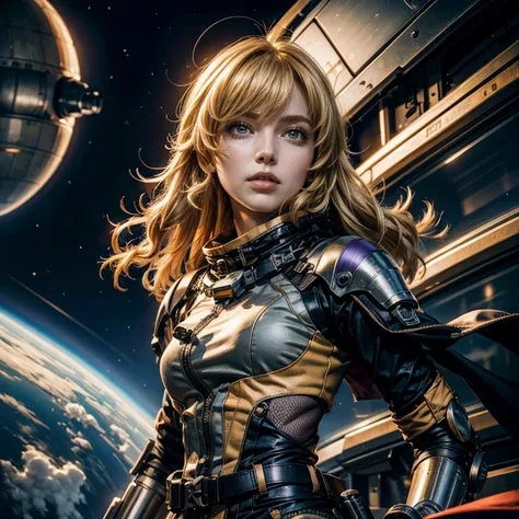 yangxiaolong, yang xiao long, long hair, blonde hair, large breasts, (purple eyes:1.3), ahoge, bangs, BREAK wearing a military power suit, mechanical arms, single mechanical arm, prosthesis, prosthetic arm, BREAK night, stars, standing with black haired co...