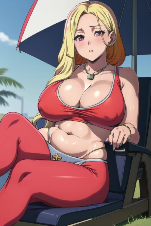 shizuka mikazuki,Sweaty,Wide hips,Thick tights,Thick lips,Soft expression,chain Necklace,Stud earring,hoopa bracelet,colored long nail,((white car caravan background)),sit laying back on Sun lounger with Parasol,sitting cross leg,Outside,Blue sky,light blu...