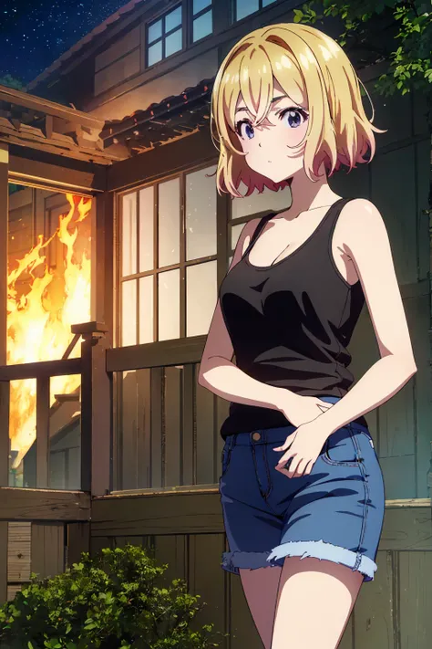 masterpiece, Highest quality anime illustrations, Super detailed,ultra high resolution、perfect lighting single girls, alone, Blonde、medium hair, anime , view at viewer,  cleavage in years、 black tank top、 sexy short denim skirt holding an ignited matchstic...