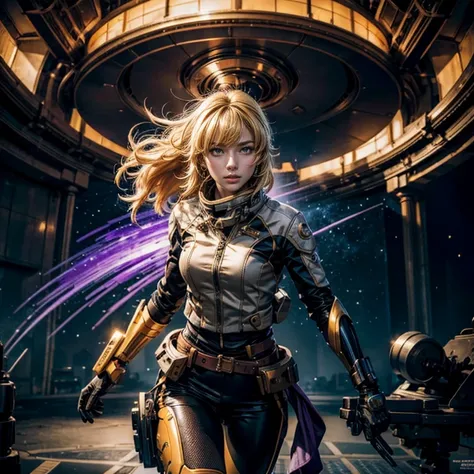 yangxiaolong, yang xiao long, long hair, blonde hair, large breasts, (purple eyes:1.3), ahoge, bangs, BREAK wearing a military power suit, mechanical arms, single mechanical arm, prosthesis, prosthetic arm, BREAK night, stars, standing with black haired co...