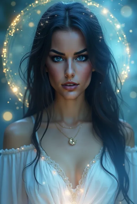  Create a realistic photo of a beautiful young Estonian adult woman with long black hair ,   blue eyes,  , ,  symmetrical face and low cheekbones ,  wearing a white moondress and having an energy aura as a background  