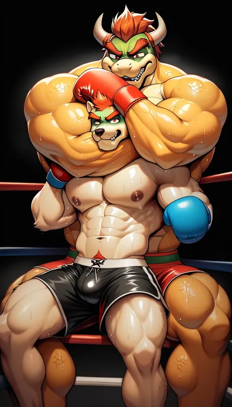 Duo anthro male(Orange Bowser vs anthro furry Brown Wolf), handsomes(handsome hairstyles, Thick eyebrows, detailed face), gay(Sitting down Cuddling embraced from behind, choke hold, painful expression, on a boxing ring, black background), hot(Shirtless), h...