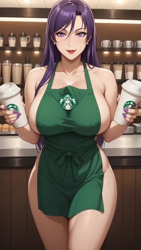 Girls, smile, red lips, fair skin, long hair, bog boobs, big breats, big ass, big butt, sexy body, thic body, sexy girls, nails, purple nails colors, apron, starbucks apron, barista girls, barista girls starbucks, Right hand holding a Starbucks drinking gl...