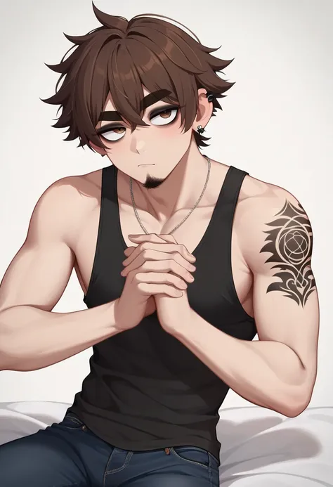 PonyXLV6_Scores BREAK (perfect anatomy, perfect eyes, perfect hands, absurd resolution, cowboy shot), white male, short hair, emo hair, bangs, brown hair, brown eyes, goatee, black eyeliner, black mascara, black tank top, dark circles under eyes, aloof exp...