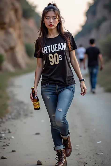 Women in, , Asian girl with round face , Alluring,  sexy in various poses ,  Exciting action ,Outdoor on the mountain, Standing among the cannabis trees  , with bottles of booze lined  ,   wearing a tight little black t-shirt ,   All shirt buttons are unbu...