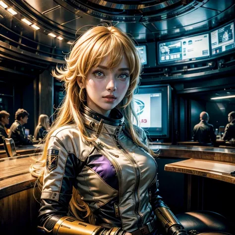 yangxiaolong, yang xiao long, long hair, blonde hair, large breasts, (purple eyes:1.3), ahoge, bangs, BREAK wearing a military power suit, mechanical arms, single mechanical arm, prosthesis, prosthetic arm, BREAK sitting with black haired colleague inside ...