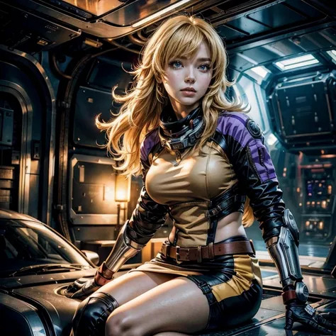 yangxiaolong, yang xiao long, long hair, blonde hair, large breasts, (purple eyes:1.3), ahoge, bangs, BREAK wearing a military power suit, mechanical arms, single mechanical arm, prosthesis, prosthetic arm, BREAK sitting with black haired colleague inside ...