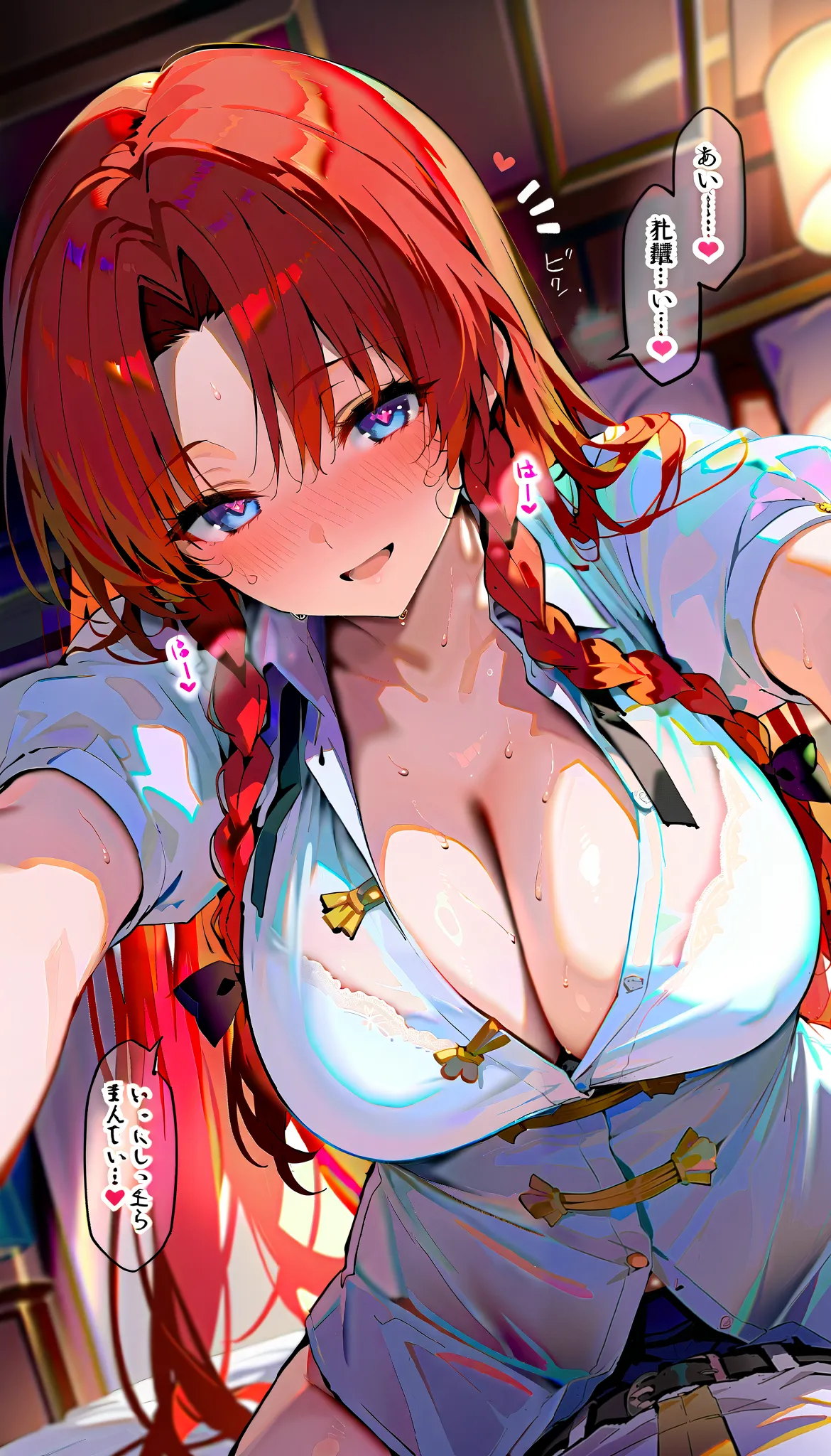 masterpiece, ultra detail, a girl, lover, cute, adult female,hong_meiling,twin_braids, score_9, score_8_up  , score_7_up  , , rating_   general ,  1girl ,  fluttering hair, (white_shirt,hair_bow,puffy_short_sleeves), (NSFW, take off clothes,  sexy, cleavag...