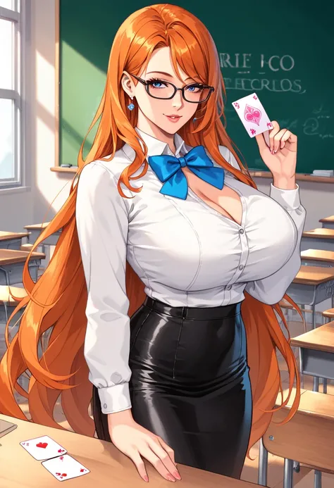 score_9, score_8, score_7, score_6,   source  _    animated, 1mature_FE, 1 woman, Teacher,  white shirt pants,  Long Sleeves Leather,blue bow on the chest ,   black skirt,  black lace tights skirt,  orange hair,  Very long hair,  ojos azules,  thin glasses...