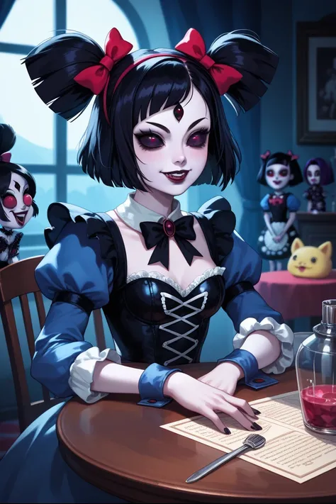 a close up of a person sitting on a table with a doll, alice in wonderland cyberpunk, goth clown girl, portrait of jinx from arcane, ever after high, alice x. zhang, shalltear from overlord, creepy clown girl, high detailed official artwork, like alice in ...