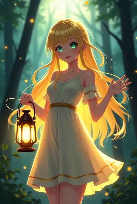  "4K anime style quality, digital drawing mode, Slavic folklore-themed anime female character, long radiant golden hair with bright green eyes, wearing a light-colored dress that glows in the dark, holding a shining lantern that illuminates the shadows, Bl...