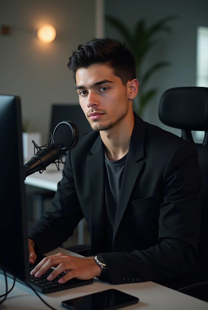 A 22-year-old boy sits in front of a computer and speaks into a microphone wearing a black themed blazer