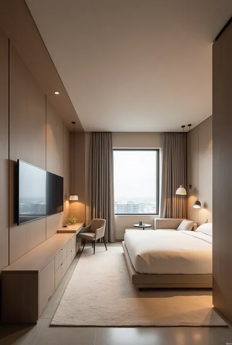 create a 20m2 5-star hotel room that is neuro-inclusive and that is in a biting minimalist style