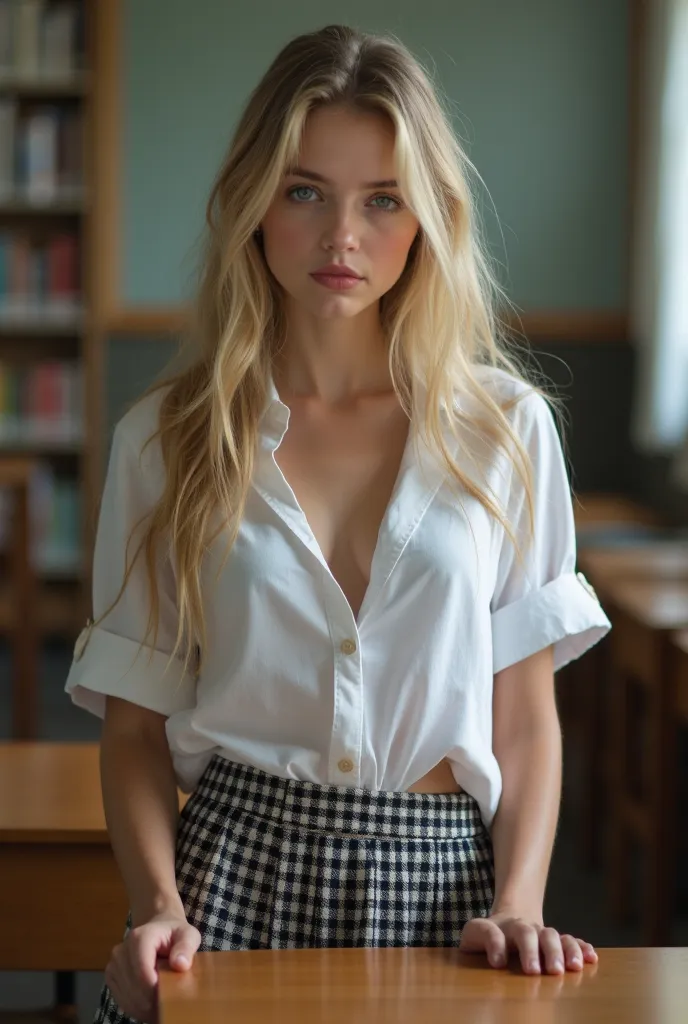 1 girl Beautiful Caucasian American girl very young from elementary school,  with long, wavy blonde hair ,  Beautiful blue eyes, dressed in a school uniform with a very short skirt and a wet white blouse (truck), ( perfect face: 1.3), (perfect white skin: ...