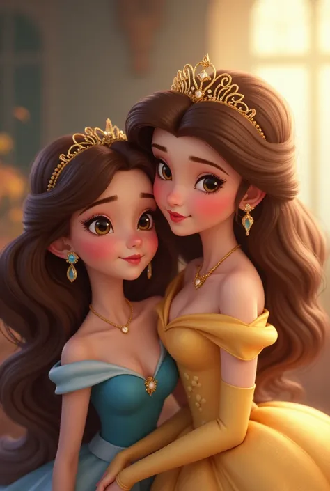 Generate two diseny princess(Bella, and jasmine) Jasmine laying her head on Bella's shoulder and they are bith looking at the camera Make the image horizontal