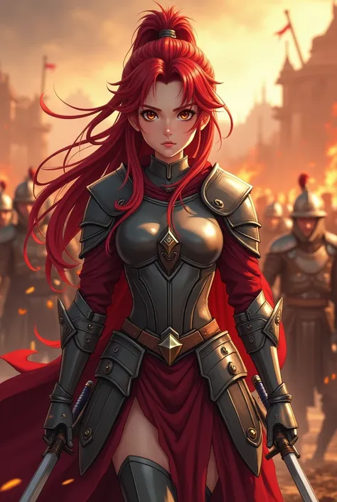 "4K anime style quality, digital drawing mode, medieval fantasy-themed anime female character, long deep red hair tied in a high ponytail, soft brown eyes, wearing a medieval armor with swords in her hands, standing in a fiery battlefield with warriors cla...