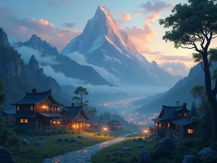 Dusk in a small town at the foot of a mountain、Quiet landscape、 fantasy