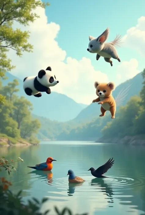 Baby panda and koala flying above and watching parrot and crow swimming in lakeside, pokhara .