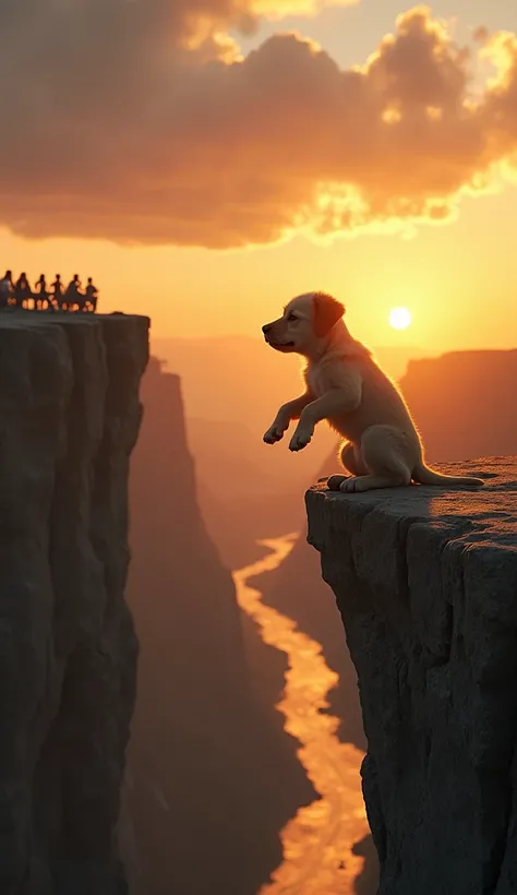 A cute and sad puppy ,  hanging on the edge of a cliff ,  holding on with their front paws .  The background shows a golden sunset with dramatic clouds and a deep valley with a glowing river in the distance.  At the top of the cliff , 30 people are seated,...