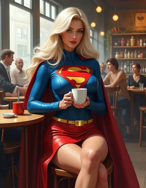 superheroine (((Superwoman ))), dressed in ((( Superman's blue suit with the letter S on her chest , (((red very short leather skirt almost bare hips)))  and a yellow metal belt ))).  sexy painting of Supergirl ,  very white hair develops in the wind . She...