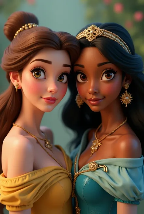 Generate two diseny princess(Bella, and jasmine) they are bith looking at the camera jasmine has Wheatish skin,and bella white skin.