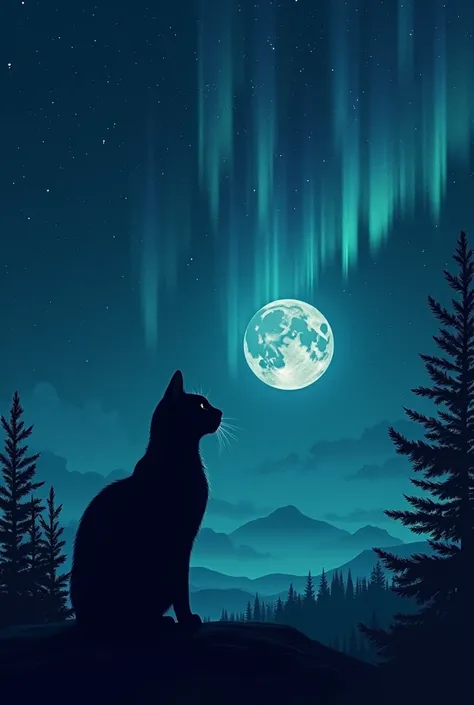 The silhouette of a cat watching the moon and the stars, the sky in black and dark blue and also with the Northern Lights. 