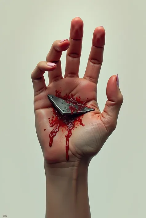 Generate a girl's hand, which has a scrap of metal and the hand is bleeding