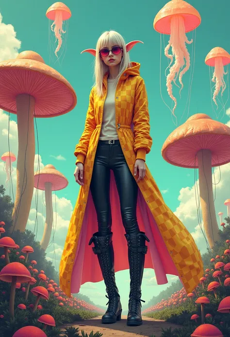 Surreal illustration of a female superhero elf, black leggings, long yellow and light pink checkered blouse, futuristic knee-high boots, hoodie, psychedelic sunglasses, standing in a giant mushroom plantation, with jellyfish in the sky