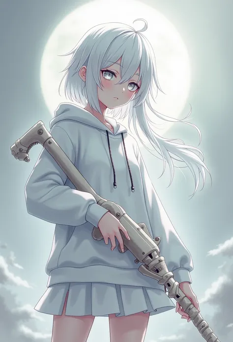 1 anime girl,white eyes,white hair,white skin,Scythe bone gun ,  short white skirt, white hoodie,