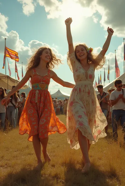 " Create a vibrant and energetic image that captures the free and joyful spirit of Woodstock 1969. two young girls,  with flowing and colorful dresses ,  are dancing with free and expressive movements in the midst of a diverse and lively crowd .  The atmos...