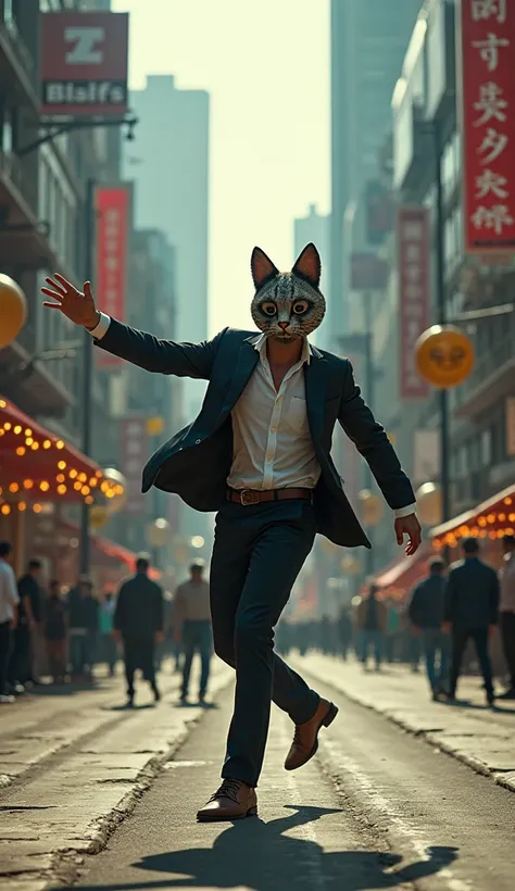 a man is dancing in the city wearing a cat mask