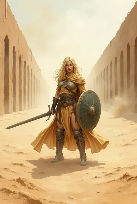 1 lady, light yellow hair, white eyes. She holding a sword and shield fight in the windy sand barrack. sand float everywhere. Dry water colour painting.