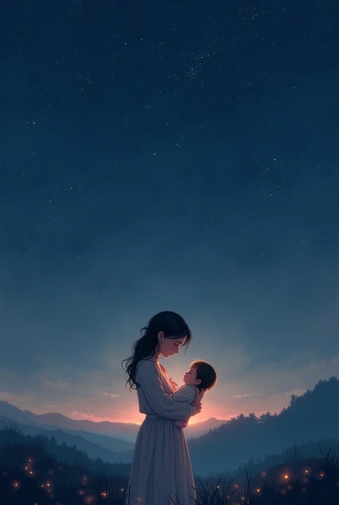 A mother cradling her baby under a starry night sky, softly singing.