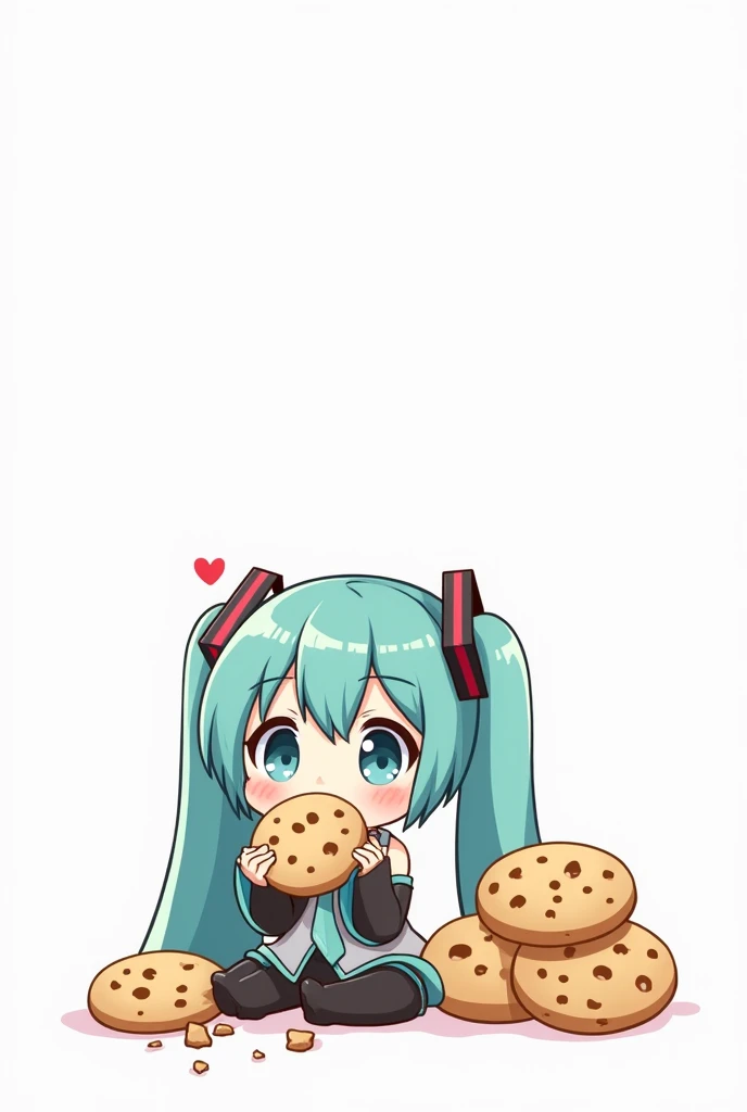 Draw chibi Miku eating cookies on a white background