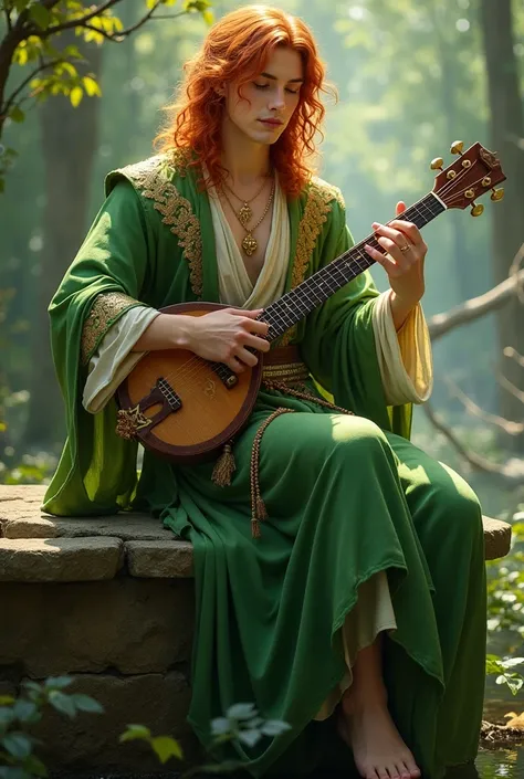 Oberon Fairy King .  He is a handsome young man with wavy red gold hair ,  light green eyes and light, glowing skin .  He wears a green and silver robe and plays the zither sitting on the edge of a stone well 