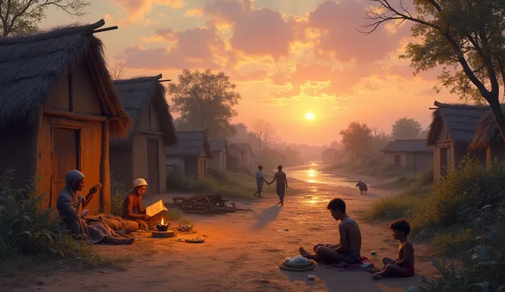 "A small, rural village by the river in early morning light. The sky is painted in hues of orange and pink as farmers walk towards the fields with plows on their shoulders. Small mud huts line the dusty roads, where barefoot ren play with makeshift toys. I...