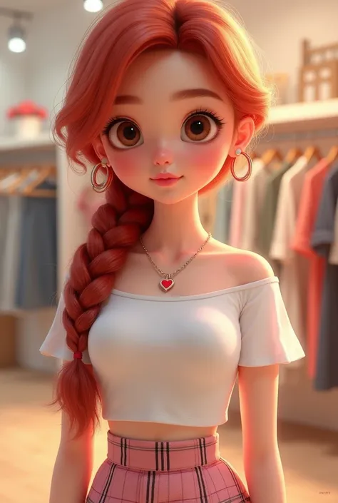 Create an image of a character in the style of animated hyperrealism. The character is a girl with long, vibrant red hair styled into a single braid draped over one shoulder. She wears a white off-the-shoulder top that accentuates her slender figure, paire...