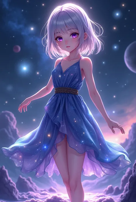  "4K anime style quality, digital drawing mode, cosmic-themed anime female character, medium iridescent hair that changes colors in the light, deep purple eyes with star-shaped pupils, wearing a dress that looks like the night sky, with planets and galaxie...