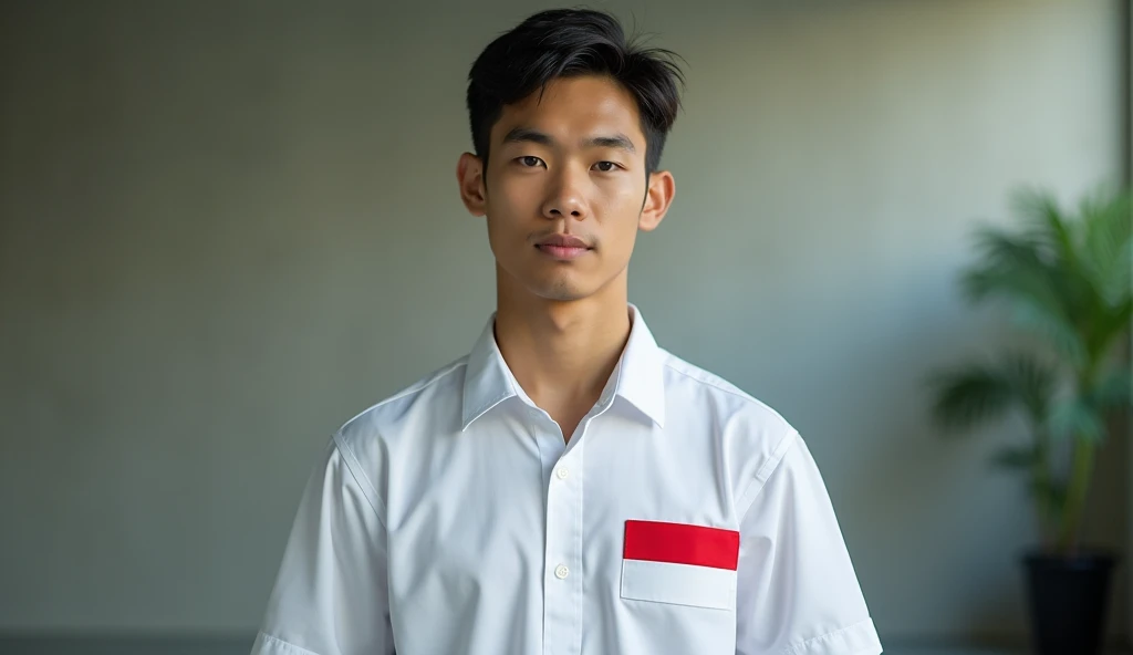 Indonesian-faced man in school uniform, white shirt on the right chest there is a red and white flag, gray pants with a punching style facing the front