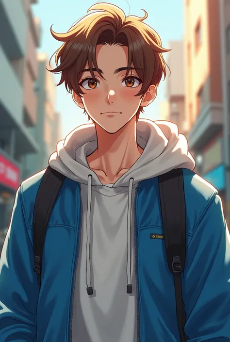  Generate in anime style
23 year old boy, brown hair brown eyes , street clothing,  Blue Jacket 