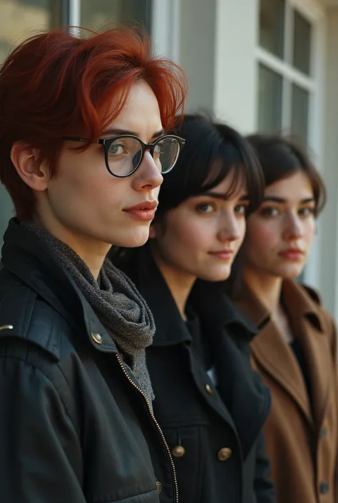  Three friends of different heights .  the first with glasses of Uzbek appearance ,  with dark red hair . , the second Kazakh appearance is dark but not too ,  of medium height.  and the third short Uzbek appearance is short-haired and happy face. are at u...