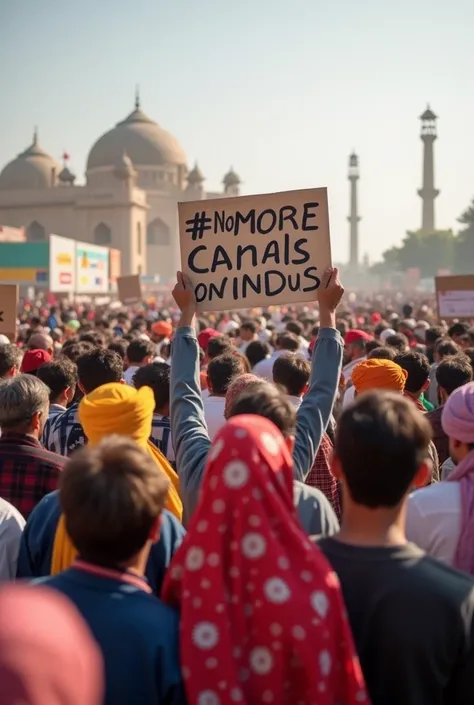 Generate a picture of Pakistani Sindhi crowd protesting against government that tried to build illegal canals on indus river . The people protesting and having the Pumphelates written the hashtags #NoMoreCanalsOnIndus