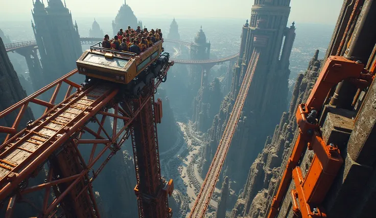 A towering roller coaster with the steepest drop ever, almost 90 degrees down